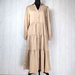 Zia Dress Tan Size Large with Shimmer Long Tiered Style with Buttons and Collar